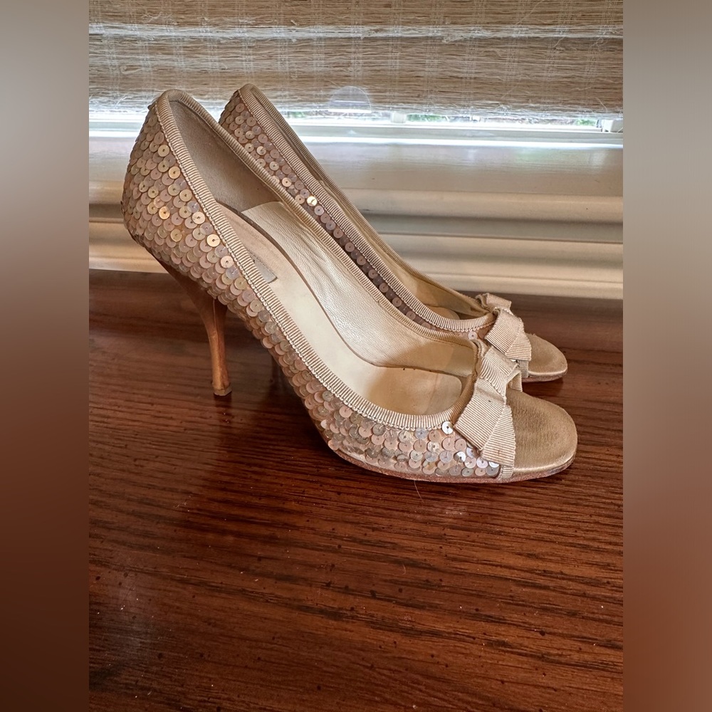 PRADA sequin peep toe neutral pumps